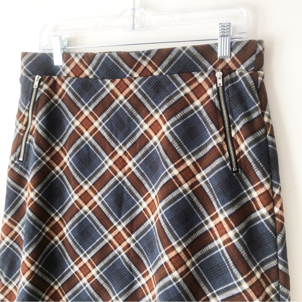 Le Lis Maura A-Line Plaid Skirt Slate Blue/ Brown Pull On Elastic Waist Size L - Picture 6 of 11